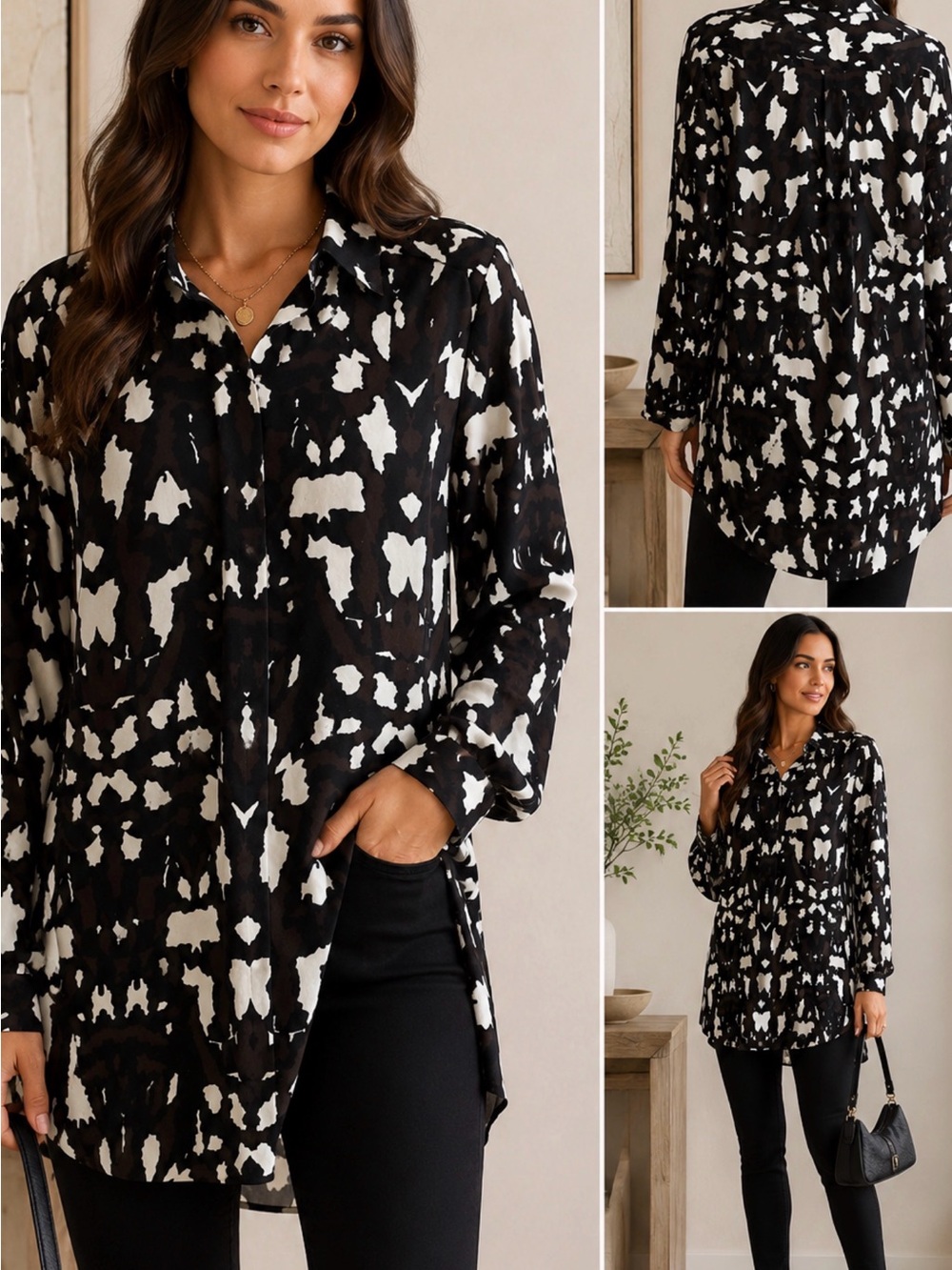 Express Tunic Blouse Women Large Black White Abstract Print
